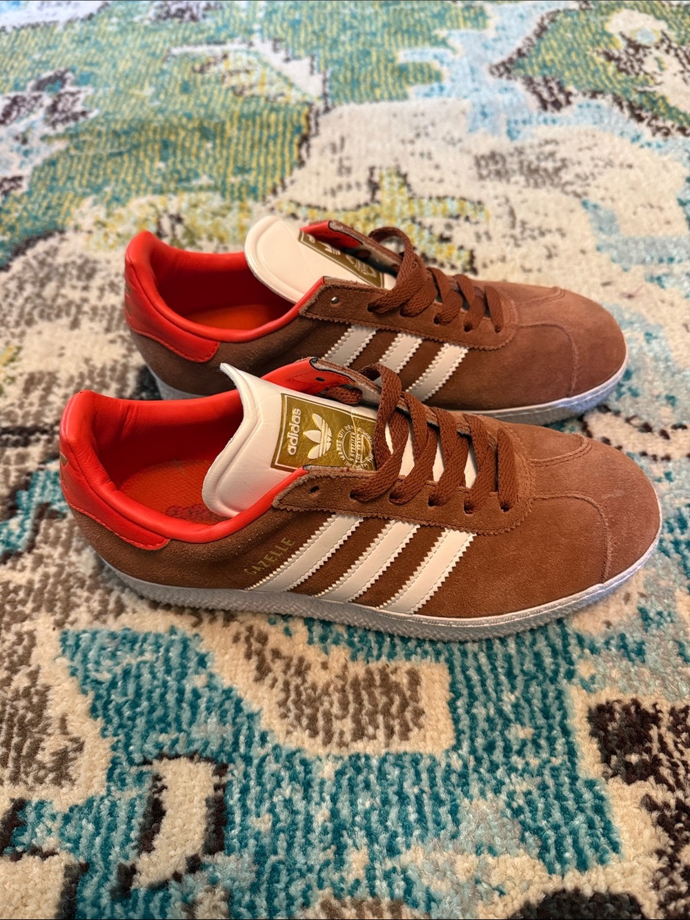 Adidas Brown Suede Sneakers with White Stripes and Orange Lining